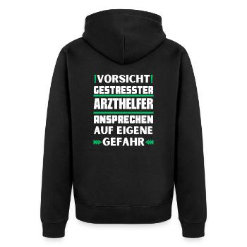 Gestresster Arzthelfer nicht ansprechen! - Unisex Premium Bio Zip Hoodie - Schwarz - Hinten - Nico (187cm)