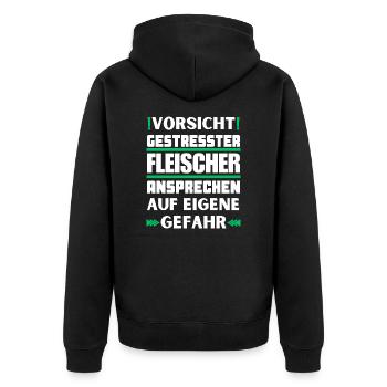 Gestresster Fleischer nicht ansprechen! - Unisex Premium Bio Zip Hoodie - Schwarz - Hinten - Nico (187cm)