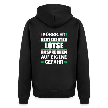 Gestresster Lotse nicht ansprechen! - Unisex Premium Bio Zip Hoodie - Schwarz - Hinten - Nico (187cm)