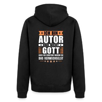 Ich bin Autor und nicht Gott - Unisex Premium Bio Zip Hoodie - Schwarz - Hinten - Nico (187cm)
