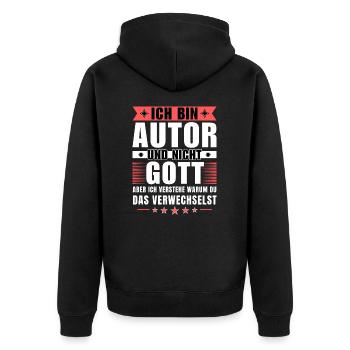 Ich bin Autor und nicht Gott - Unisex Premium Bio Zip Hoodie - Schwarz - Hinten - Nico (187cm)