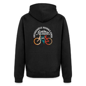 Rentner mit Fahrrad | Radtour | Radurlaub - Unisex Premium Bio Zip Hoodie - Schwarz - Hinten - Nico (187cm)