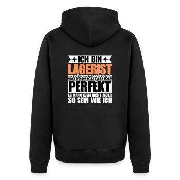 Perfekter Lagerist - Unisex Premium Bio Zip Hoodie - Schwarz - Hinten - Nico (187cm)