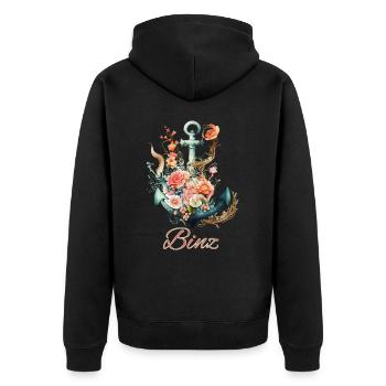 Binz-Anker mit Blumen - Unisex Premium Bio Zip Hoodie - Schwarz - Hinten - Nico (187cm)