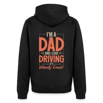 Ich bin Vater und ich liebe Autofahren | Papa Wortspiel Papa Witz - Unisex Premium Bio Zip Hoodie - Schwarz - Hinten - Nico (187cm)