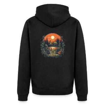 Campfire Lagerfeuer am See mit Holzhütte im Wald - Unisex Premium Bio Zip Hoodie - Schwarz - Hinten - Nico (187cm)