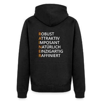 Rainer Name Geschenk - Unisex Premium Bio Zip Hoodie - Schwarz - Hinten - Nico (187cm)