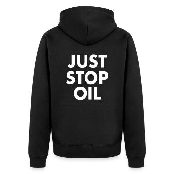 Just stop oil - Unisex Premium Bio Zip Hoodie - Schwarz - Hinten - Nico (187cm)