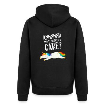 Annnnnd Warum sollte ich mich für Einhorn interessieren? - Unisex Premium Bio Zip Hoodie - Schwarz - Hinten - Nico (187cm)