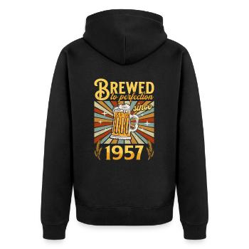 Perfektion seit 1957 - Jubiläum 65 Jahre - Unisex Premium Bio Zip Hoodie - Schwarz - Hinten - Nico (187cm)