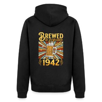 Perfektion seit 1942 - Jubiläum 80 Jahre - Unisex Premium Bio Zip Hoodie - Schwarz - Hinten - Nico (187cm)