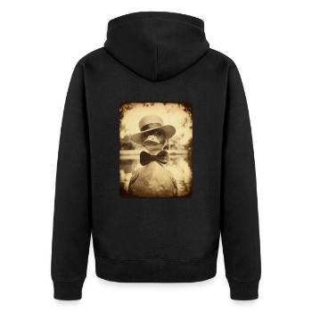 Sir Waddleberry Quackington entspannt sich am Pool - Unisex Premium Bio Zip Hoodie - Schwarz - Hinten - Nico (187cm)