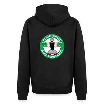 Popeye Logo Plant Based And Powerful - Unisex Premium Bio Zip Hoodie - Schwarz - Hinten - Nico (187cm)