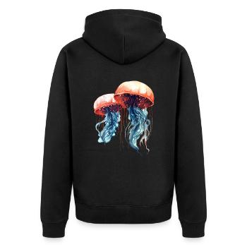 Illustration de méduse aquarelle bleu rose - Veste à capuche bio Premium Unisexe - noir - Dos - Nico (187cm)