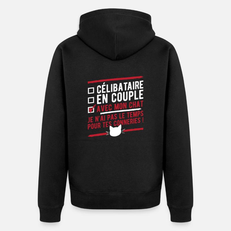 "Célibataire en couple avec mon chat" humour - Veste à capuche bio Premium Unisexe - noir