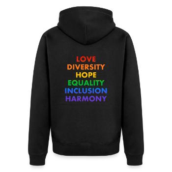 LIEBE VIELFALT HOFFNUNG GLEICHHEIT INKLUSION HARMONIE - Unisex Premium Bio Zip Hoodie - Schwarz - Hinten - Nico (187cm)