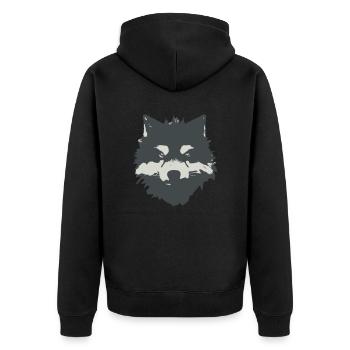 Mystische Eleganz: Das schwarz-weiße Wolfsgesicht - Unisex Premium Bio Zip Hoodie - Schwarz - Hinten - Nico (187cm)