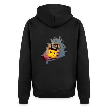 save here? - Unisex Premium Bio Zip Hoodie - Schwarz - Hinten - Nico (187cm)