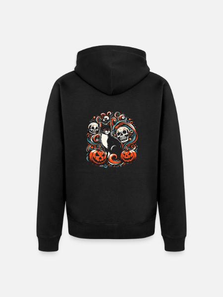 Halloween Cat with Pumpkins - Unisex Premium Organic Zip Hoodie - black