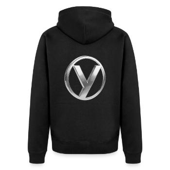 Chrome ,, Nuclear Disarmament " Metallic - Unisex Premium Bio Zip Hoodie - Schwarz - Hinten - Nico (187cm)
