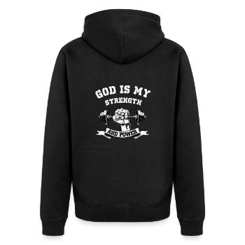 Gott ist Stärke und Kraft - christliches Design - Unisex Premium Bio Zip Hoodie - Schwarz - Hinten - Nico (187cm)