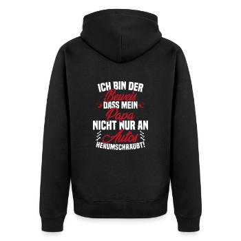 Ich Bin der Beweis DASS Papa Nicht nur an Autos - Unisex Premium Bio Zip Hoodie - Schwarz - Hinten - Nico (187cm)
