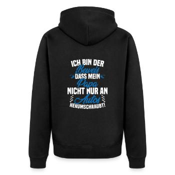 Ich Bin der Beweis DASS Papa Nicht nur an Autos - Unisex Premium Bio Zip Hoodie - Schwarz - Hinten - Nico (187cm)
