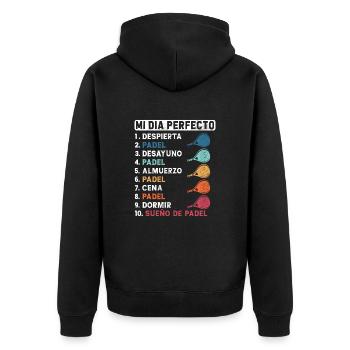 Mein perfekter Tag Spaß Mein perfekter Tag Padel - Unisex Premium Bio Zip Hoodie - Schwarz - Hinten - Nico (187cm)
