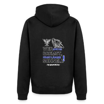 Motorrad - WER SPÄTER BREMST IST LÄNGER SCHNELL - Unisex Premium Bio Zip Hoodie - Schwarz - Hinten - Nico (187cm)