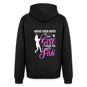 Mädchen Fischerin Anglerin Fischen Angeln Frau - Unisex Premium Bio Zip Hoodie - Schwarz - Hinten - Nico (187cm)