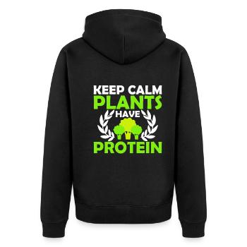 Bleibe Ruhig Pflanzen Haben Proteine - Vegan - Unisex Premium Bio Zip Hoodie - Schwarz - Hinten - Nico (187cm)