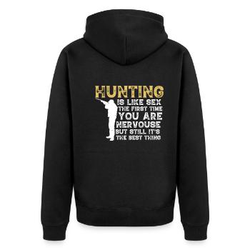 Jagen Ist Wie Sex Beim Ersten Mal Ist Man Nervös - Unisex Premium Bio Zip Hoodie - Schwarz - Hinten - Nico (187cm)