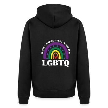 Positiv Bleiben Und LGBTQ Sein - Unisex Premium Bio Zip Hoodie - Schwarz - Hinten - Nico (187cm)
