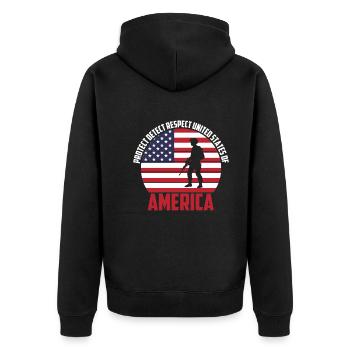 Protect Respect Vereinigte Staaten Von Amerika - Unisex Premium Bio Zip Hoodie - Schwarz - Hinten - Nico (187cm)