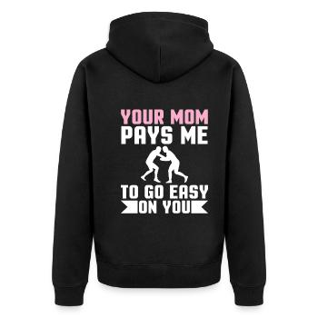 Deine Mutter Bezahlt Mich Um Dich Zu Schonen - Unisex Premium Bio Zip Hoodie - Schwarz - Hinten - Nico (187cm)
