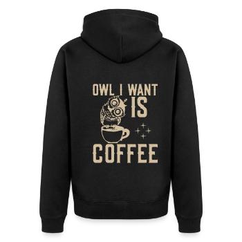 Eule Ich Will Kaffee - Unisex Premium Bio Zip Hoodie - Schwarz - Hinten - Nico (187cm)
