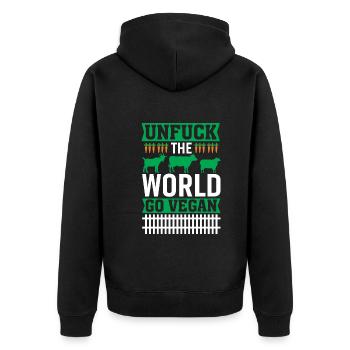 Unfuck The World Go Vegan - Unisex Premium Bio Zip Hoodie - Schwarz - Hinten - Nico (187cm)