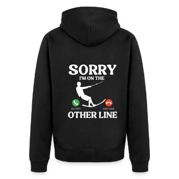 Entschuldigung Ich Bin Auf Der Anderen Leitung - Unisex Premium Bio Zip Hoodie - Schwarz - Hinten - Nico (187cm)