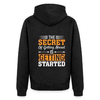 Das Geheimnis Des Weiterkommens Liegt Im Anfangen - Unisex Premium Bio Zip Hoodie - Schwarz - Hinten - Nico (187cm)