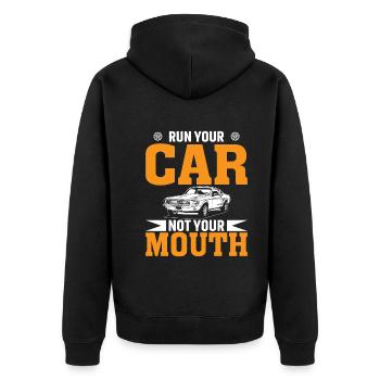 Lass Dein Auto Laufen Nicht Deinen Mund - Unisex Premium Bio Zip Hoodie - Schwarz - Hinten - Nico (187cm)