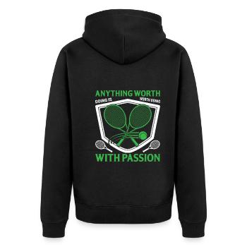 Alles, was es wert ist, getan zu werden, ist es wert, mit Leidenschaft getan zu werden - Unisex Premium Bio Zip Hoodie - Schwarz - Hinten - Nico (187cm)