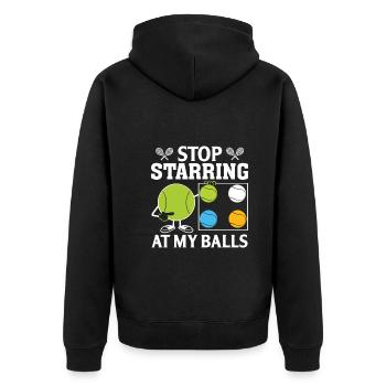 Hör auf, auf meine Eier zu starren - Unisex Premium Bio Zip Hoodie - Schwarz - Hinten - Nico (187cm)