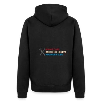 Autos reparieren, Herzen brechen – Mechanic Life - Unisex Premium Bio Zip Hoodie - Schwarz - Hinten - Nico (187cm)