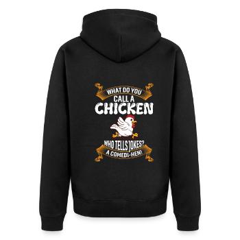 What Do You Call A Chicken Who Tells Jokes? A Come - Unisex Premium Organic Zip Hoodie - black - Back - Nico (187cm)