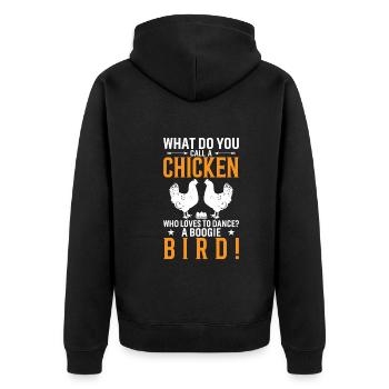 Wie nennt man ein Huhn, das gerne tanzt? A B - Unisex Premium Bio Zip Hoodie - Schwarz - Hinten - Nico (187cm)
