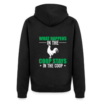 What Happens In The Coop Stays In The Coop - Unisex Premium Organic Zip Hoodie - black - Back - Nico (187cm)