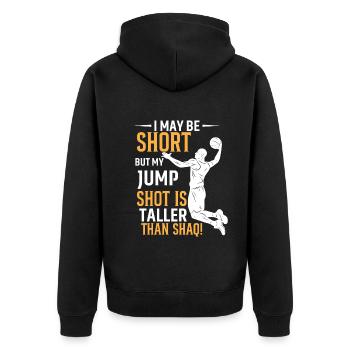 Ich bin zwar klein, aber mein Sprungschuss ist größer als sh - Unisex Premium Bio Zip Hoodie - Schwarz - Hinten - Nico (187cm)