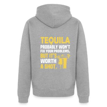 Tequila wird Ihre Probleme wahrscheinlich nicht lösen, aber er ist es - Unisex Premium Bio Zip Hoodie - Grau meliert - Hinten - Nico (187cm)