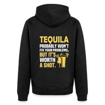 Tequila wird Ihre Probleme wahrscheinlich nicht lösen, aber er ist es - Unisex Premium Bio Zip Hoodie - Schwarz - Hinten - Nico (187cm)