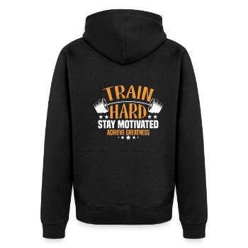 Trainiere hart, bleibe motiviert, erreiche Größe. - Unisex Premium Bio Zip Hoodie - Schwarz - Hinten - Nico (187cm)